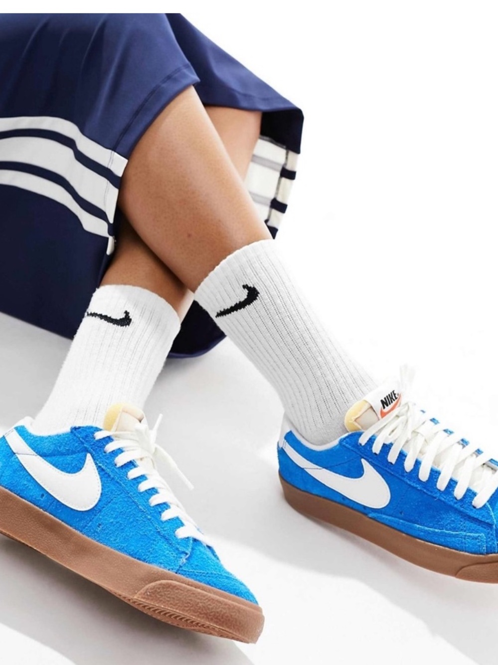 Nike Bright Blue Suede Low-Top Sneakers with White Swoosh and Gum Sole